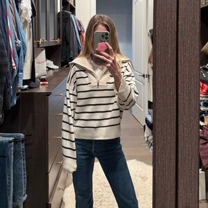 La Ligne Bastien Cropped Striped Merino Wool Sweater In White and Navy Striped